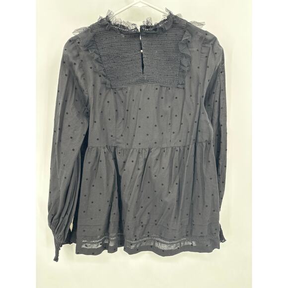 THE GREAT. The Portrait Tulle Flocked Cotton Voile Smocked Blouse Black Medium - Picture 6 of 10